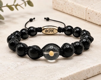Shambala bracelet black ónix mustard seed encapsulated like a faith reminder