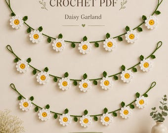Patrón PDF para guirnalda de margaritas de primavera a crochet – Guirnalda floral bohemia DIY para decoración de paredes o cortinas, ideal para principiantes, descarga instantánea.