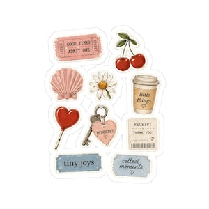 May include: A collection of stickers featuring various designs. Includes a pink ticket that reads "GOOD TIMES ADMIT ONE", cherries, a seashell, a daisy, a coffee cup with "little things", a heart-shaped lollipop, a key with a heart tag that says "MEMORIES", a receipt, and two rectangular tags that read "tiny joys" and "collect moments".