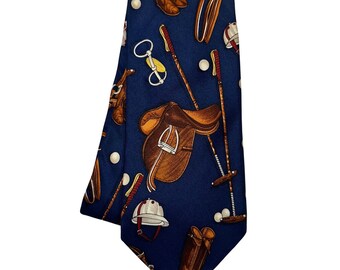 Lands' End Silk Tie Mens Long Navy Blue Equestrian Polo Preppy Traditional Style