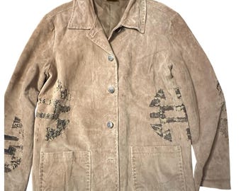 Chico's Suede Leather Jacket Women's 2 Large Taupe Button Front Vintage Tribal