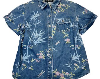 Sag Harbor Denim Shirt Women Large Blue Floral Dragonfly Cotton Cottagecore Boho