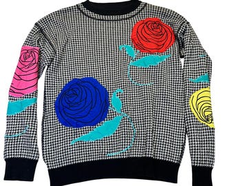Mondi Houndstooth Rose Sweater Women 38 M Black White Floral Eclectic Vintage