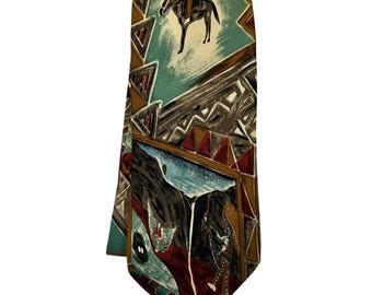 VTG Lands End Silk Tie Mens OS Multicolor Southwestern Western Horseback Scenic