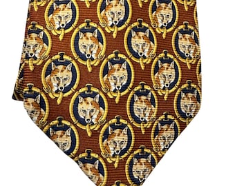VTG Lands End Necktie Mens One Size Brown Fox Equestrian Silk Hunt Club Preppy