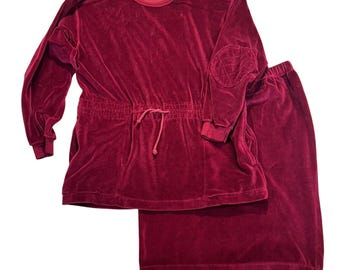 Talbots Vintage Velour Skirt Set XS Burgundy Quilt Elbow Patch Drawstring Tunic