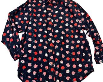 Dress Barn Apple Print Corduroy Shirt Womens 3X Navy Teacher Cottagecore Vintage