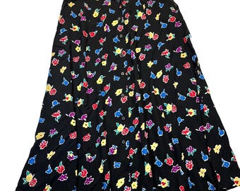 Sag Harbor Womens XL Floral Button Front Midi Skirt Black Rayon Vintage NWT 3871