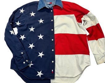 Tommy Jeans Flag Button Down Shirt Women 10 Patriotic July 4th Americana Vtg 90s
