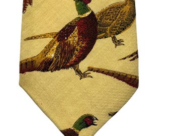 Lands End Necktie Men Long Yellow Pheasant Bird Viyella Cotton Wool Hunting Vtg