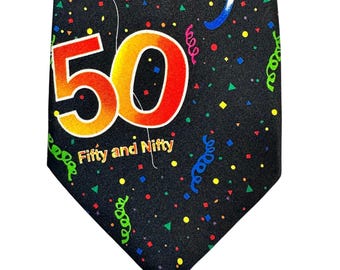 Ralph Marlin Vintage 1999 Fifty and Nifty 50th Birthday Mens Tie Black Novelty