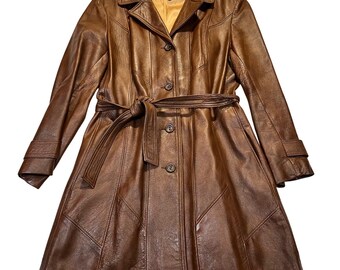 Garfin Leathers Trench Coat Womens 18 Brown Vintage 70s Boho Leather Jacket