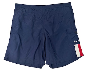Vintage Nike Mens Navy Blue Cargo Swim Trunks Mesh Liner Red White Stripe Large
