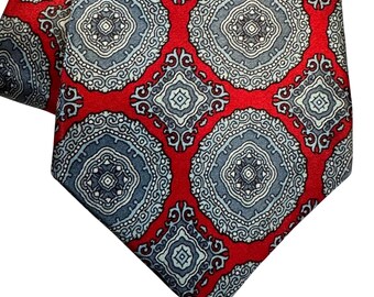 Bert Pulitzer Tie Mens One Size Red Grey Medallion Geometric Silk Classic Vtg