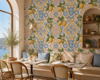 Mediterranean Lemon Majolica Tile Wallpaper, Amalfi Coast Kitchen Decor, Italian Summer Accent Wall