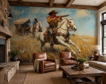 Vintage Cowboy Horse Oil Painting Mural, Western Frontier Wild West Wallpaper