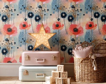 Watercolor Poppy Floral Wallpaper, Coral Blue Abstract Art Mural, Botanical Wall Decor