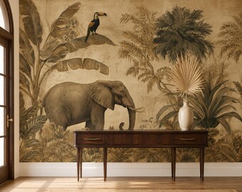 Vintage Sepia Elephant Jungle Mural, Antique Tropical Safari Wall Decor
