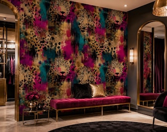 May include: Wallpaper featuring a repeating leopard print pattern overlaid with abstract brushstrokes in vibrant magenta, teal, and gold. The design incorporates stylized leopard faces integrated into the textured, multi-colored background.