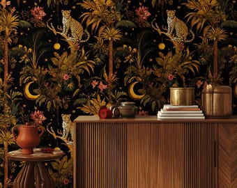 Dark Maximalist Leopard Jungle Wallpaper, Celestial Moon Tropical Wall Mural