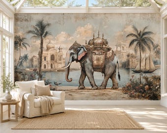 Vintage Indian Elephant Mural Wallpaper, Chinoiserie Palace Wall Art, Tropical Landscape Decor