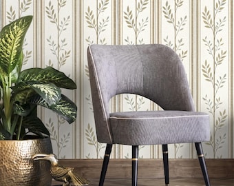 Neutral Beige Vintage Botanical Striped Wallpaper, Farmhouse Wall Decor, Elegant Neutral Home Improvement
