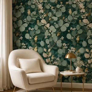 May include: Wallpaper featuring a dark green background with a pattern of light green eucalyptus leaves, white flowers, and gold accents. The design includes vertical stems with rounded foliage and small floral clusters throughout the print.