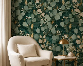 May include: Wallpaper featuring a dark green background with a pattern of light green eucalyptus leaves, white flowers, and gold accents. The design includes vertical stems with rounded foliage and small floral clusters throughout the print.