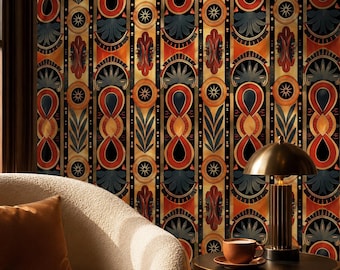 Art Deco Egyptian Revival Wallpaper, Burnt Orange Sunburst Lotus Mural, Vintage Maximalist Decor