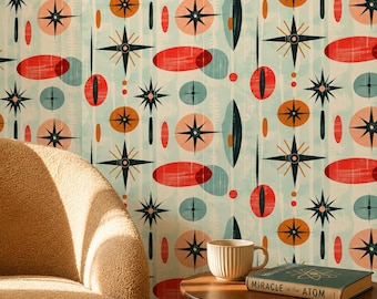 Mid Century Modern Atomic Teal Wallpaper, Retro Starburst Wall Decor, Geometric Accent Wall