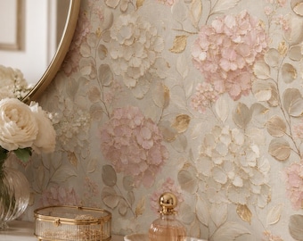 Pink Hydrangea Floral Textured Wallpaper, Romantic Botanical Mural, Shabby Chic Wall Decor
