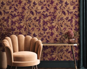 Plum Botanical Floral Wallpaper, Dark Vintage Art Nouveau Wall Decal, Boho Home Decor