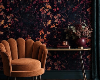 Dark Botanical Autumn Leaf Wallpaper, Gothic Victorian Wall Mural, Fall Foliage Accent Home Decor