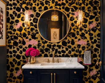 Gold Leopard Print Wallpaper, Abstract Pink Cheetah, Glam Animal Mural, Maximalist Decor