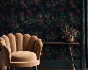 Dark Botanical Fern Wallpaper, Deep Green Floral Mural, Victorian Gothic Decor (Peel and Stick)