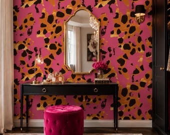Pink Leopard Abstract Art Wallpaper, Maximalist Animal Print Wall Mural
