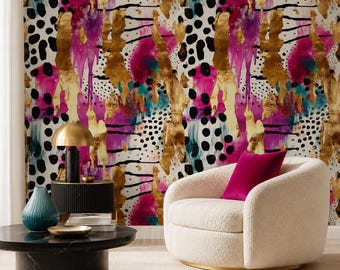 Abstract Maximalist Wallpaper, Gold Accents, Bold Brushstrokes, Modern Boutique Decor