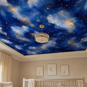 May include: A ceiling mural featuring a deep blue night sky with white clouds, gold marble-like veins, and small twinkling stars. A circular pendant light with a gold frame and glass rods hangs from the center of the celestial-themed ceiling.