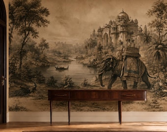 Vintage Indian Elephant Scenic Mural, Sepia Toile Landscape Wall Art, Exotic Home Decor