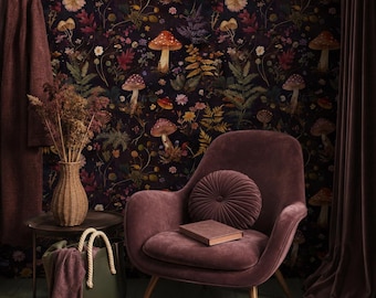 Dark Botanical Mushroom Wallpaper, Moody Forest Floral, Whimsical Woodland Wall Decor