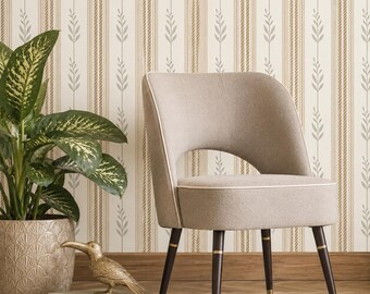 Neutral Beige Botanical Striped Wallpaper, Coastal Farmhouse Wall Decor, Elegant Earth Tone Accent Wall