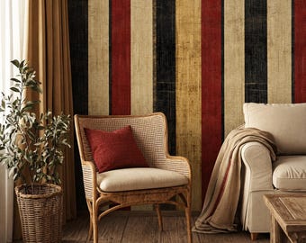 Rustic Burlap Striped Wallpaper, Red Gold Mural, Industrial Farmhouse Decor