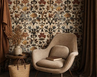 Vintage Floral Damask Wallpaper, Earthy Botanical Removable Wall Decal, Victorian Home Decor