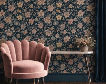 Dark Floral Navy Wallpaper, Funky Botanical Peel and Stick Wall Mural, Boho Accent Decor