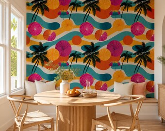 Retro Tropical Palm Tree Wallpaper, Mid Century Modern Beach House Mural, Maximalist Summer Art