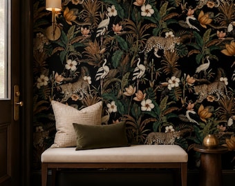 Dark Botanical Jungle Leopard Wallpaper, Tropical Floral Wall Mural, Exotic Animal (Peel and Stick)