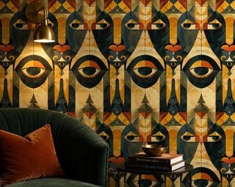 Art Deco Abstract Faces Wallpaper, Cubist Geometric Wall Mural, Bohemian Home Decor