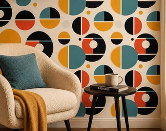 Bauhaus Geometric Wallpaper, Mid Century Modern Wall Mural, Retro Circles Home Decor
