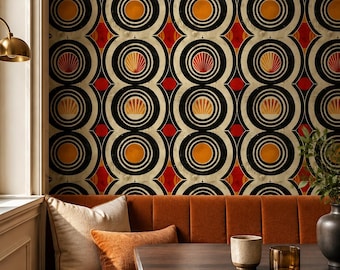 Retro Geometric Wallpaper, Burnt Orange Mid Century Modern, 70s Bauhaus Wall Decor Peel and Stick