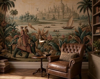 Mughal Landscape Mural, Antique Indian Elephant Chinoiserie, Exotic Palace Scenic Wall Art